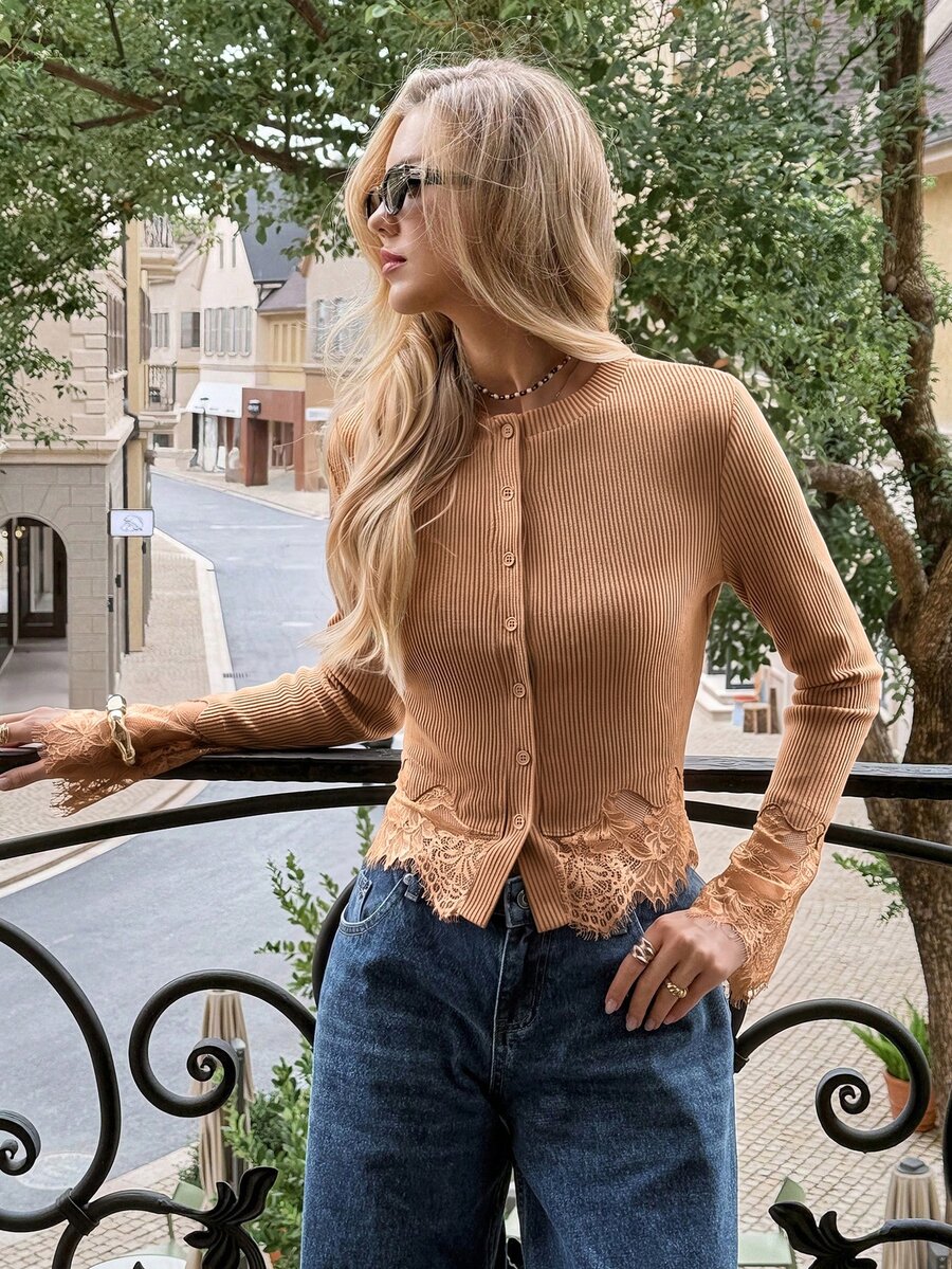 Serisse Women's Fashion Korean Style Lace Patchwork Button Long Sleeve T-Shirt - Camel - View 1