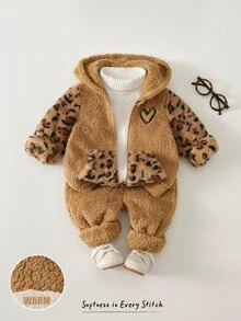 SHEIN Set Baju Bayi Perempuan Motif Leopard: Hoodie dan Celana Olahraga dengan Resleting - MultiWarna - View 3