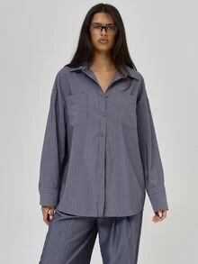 MUSERA Grey Woven Oversized Button Up Shirt Autumn Winter Fall Daily Everyday Essential Blancs - Grey - View 2