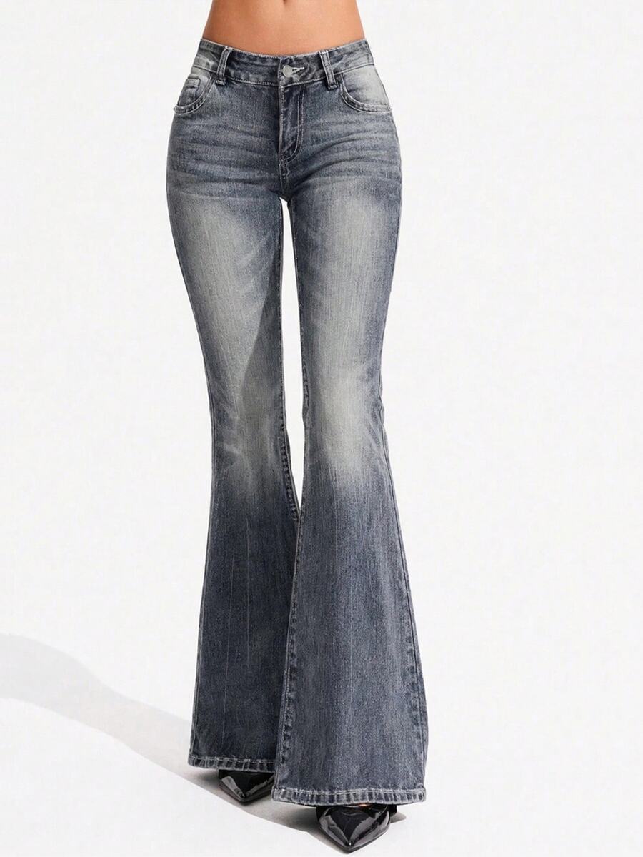 SHEIN Tall 女款休閒百搭喇叭褲牛仔褲,附口袋 - 藍色 - 查看 1