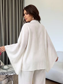 Lacomfia Minimalist Solid Color Applique Collar Batwing Sleeve Loose Regular Fit Plus Size Shirt For Spring And Autumn - Beige - View 2