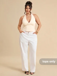 SHEIN BAE CURVE 純色極簡性感V領掛脖蝴蝶結肩帶百搭背心上衣，適合派對、度假、約會 - 杏色 - 查看 3