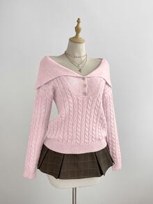 Elamini Sweater Pullover Rajut Klasik Setengah Terbuka Depan, Warna Putih, Kasual, Serbaguna untuk Perjalanan Sehari-hari, Musim Gugur/Dingin - Berwarna merah muda - View 1