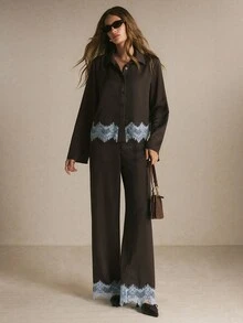 Poéselle Women's Chocolate Brown Lace-Trim Two Pieces Set – Long-Sleeve Button-Down Shirt And Wide-Leg Pants Maroon Set Brown Set Work Outfits Fall/Winter Sets - Brown - View 1