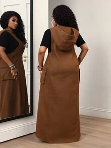 Slaydiva Plus Size Women's V-Neck Cargo Pocket Casual Denim Overall Dress - Blue - View 2