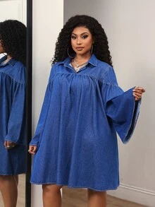Slaydiva Plus Size Women's Collared Long Sleeve Ruched Casual Denim Dress - Blue - View 4