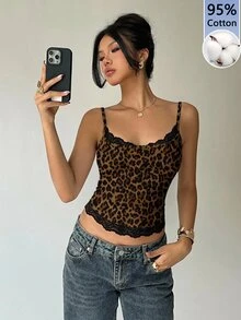 Aloruh 女款性感優雅Y2K豹紋蕾絲拼接95%棉背心，舒適性感豹紋背心內著，休閒豹紋背心適合外出穿搭，豹紋背心 - 彩色 - 查看 3
