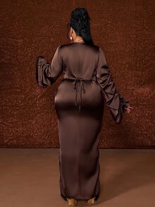 Maweii Plus Size Women Solid Color Pleated Slit Design Casual Party Dress - Brown - View 6