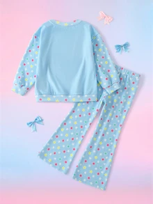 My Little Pony X SHEIN طقم سويت شيرت برقبة دائرية وأكمام طويلة وبنطلون واسع للفتيات الصغيرات G4 X - الأزرق - مشاهدة 2