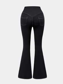 Eassivo Women's Solid Color High Waist Daily Fitness Flare Leggings - Black and White - View 2