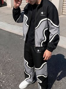 SHEIN 秋冬青少年男孩2件套 黑色與灰色波浪對比色立領拉鍊夾克外套與波浪滿版印花慢跑長褲 街頭運動套裝 - 黑色 - 查看 3