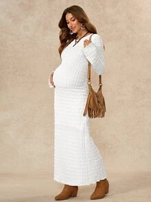 Boho Mama 孕婦純色紋理圓領長袖修身優雅洋裝 - 白色 - 查看 10