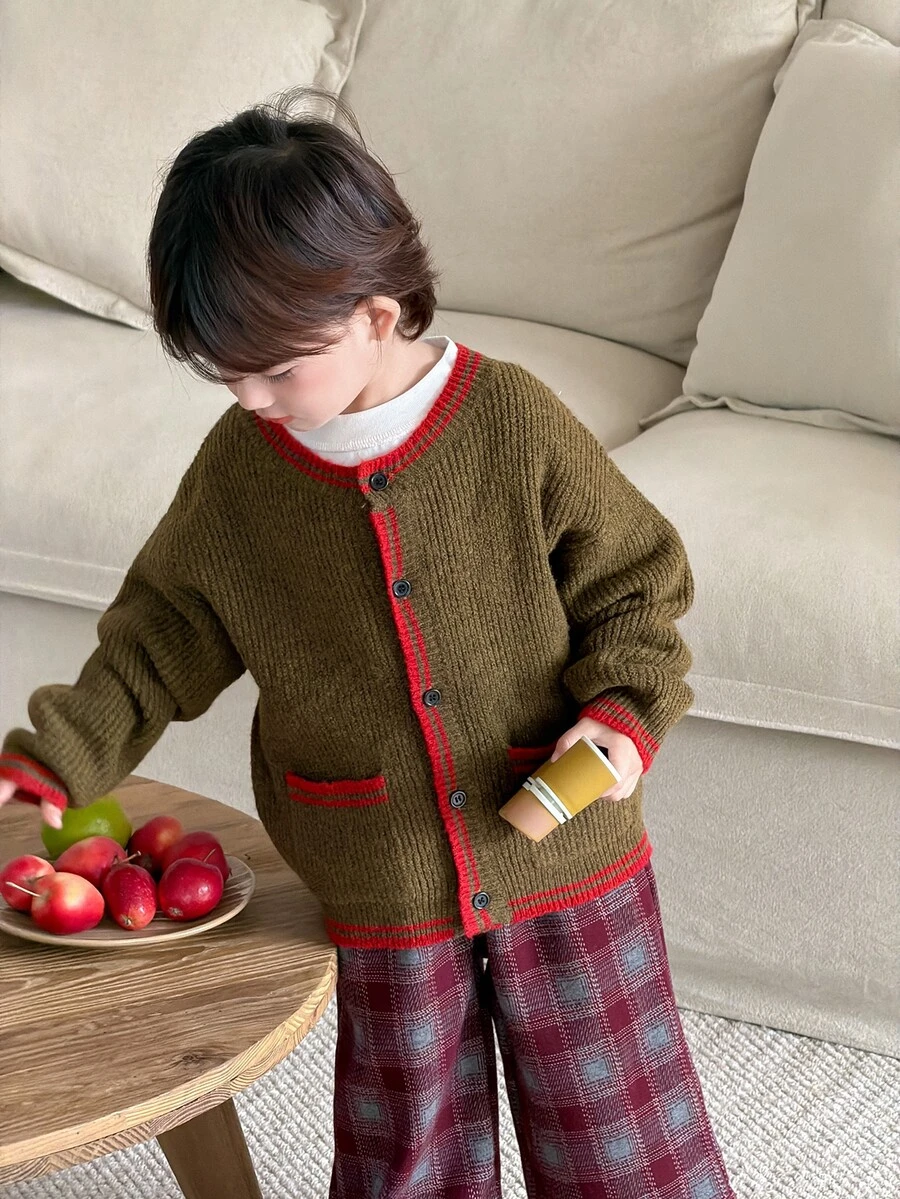DAZY Infant (Boy) Colorblock Korean Style Autumn/Winter Long Sleeve Cardigan - Dark Green - View 1