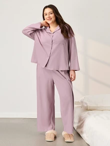 LUVLETTE Set Piyama Wanita Ukuran Plus Katun Lembut Nyaman Motif Waffle Kotak-kotak Klasik untuk Musim Gugur, Atasan Lengan Panjang dan Celana Panjang, Pakaian Musim Gugur - Berwarna merah muda - View 6