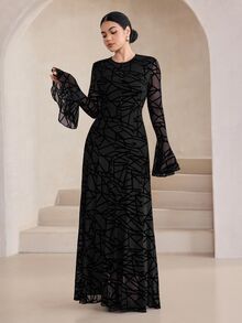 Graceveil Black Flocked Abstract Mesh Round Neck Button-Up Flare Sleeve Elegant High-End Long Dress - Black - View 4