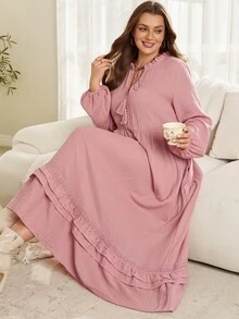 EMERY ROSE Plus Size Women's Solid Color Frill Trim Tassel Tie Neck Long Sleeve Dress - Dusty Pink - View 9