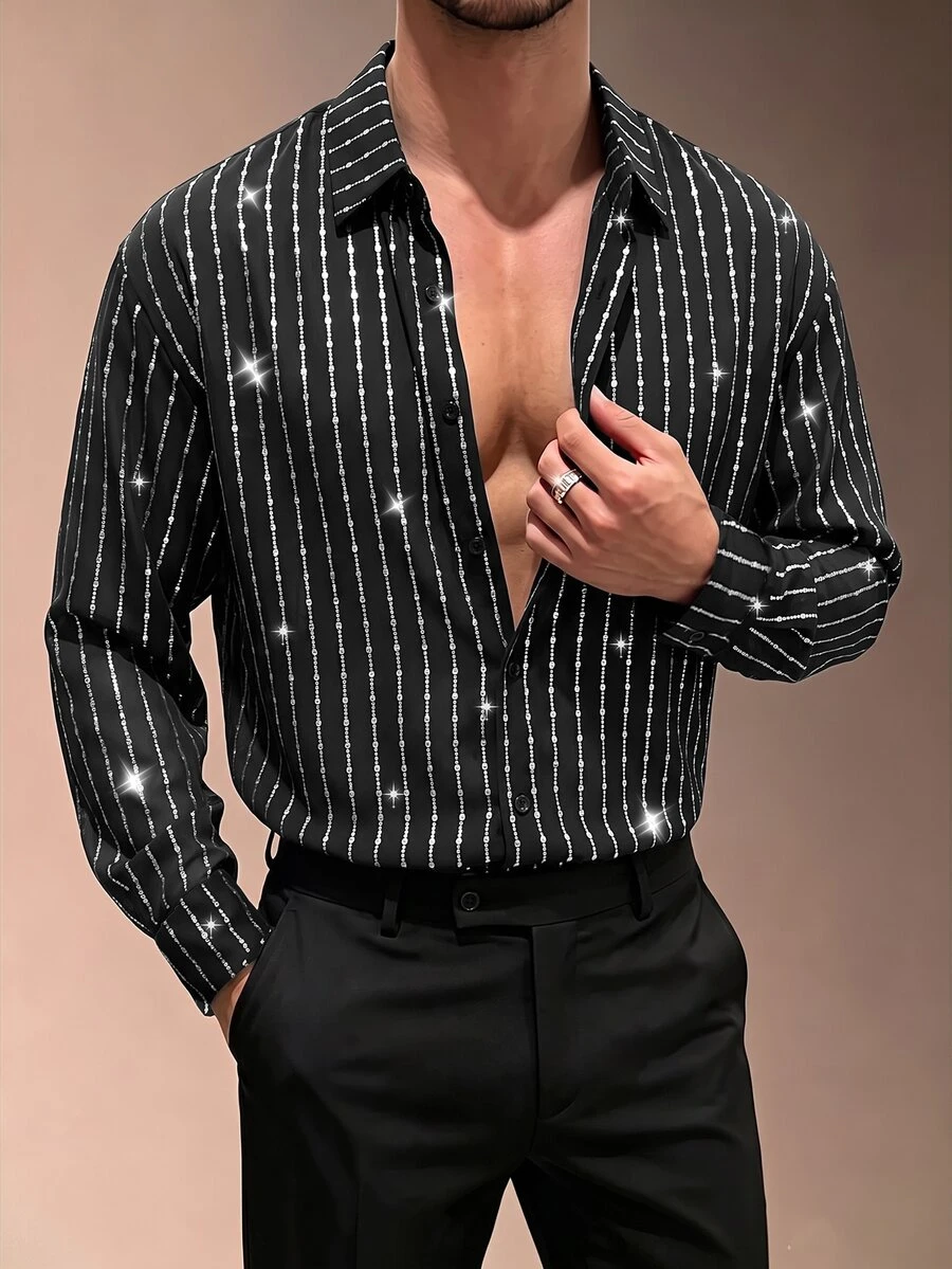ZURIURI Men's Silver Sequin Fashion Long Sleeve Button-Up Shirt - Multicolor - View 1