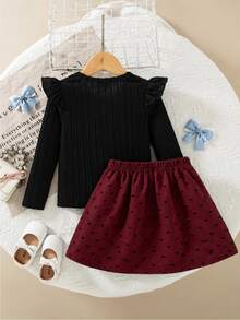 SHEIN Elladie kids 女童可愛休閒短袖羅紋上衣搭配時尚刺繡布料裙，舒適甜美 - 彩色 - 查看 2