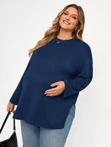 Plussiva 大尺碼孕婦純色極簡長袖開衩下擺上衣 - 藍色 - 查看 3