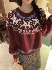 DAZY Women's Round Neck Loose Fit Patterned Christmas Casual Red Sweater Winter - Burgundy - View 4