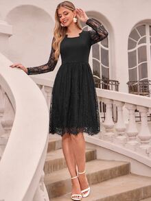 Amorya Women's Lace Patchwork Pleated Casual Party Mid-Length Dress - Black - View 6
