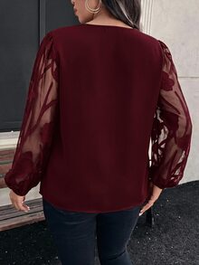 Reflora Plus Size Elegant Cutout V-Neck Business Blouse - Burgundy - View 2