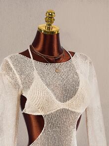 Amplova 2pcs Women's Knit Triangle Cup Backless Cutout Fitted Long Sleeve Tie Bow Set - Apricot - View 5