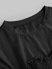 SHEIN MOD 女款休閒修身彈性短袖拼接牛仔上衣 - 黑色 - 查看 3