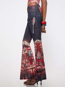MUSERA Red Contrast Mesh Foldover Ruched Trouser Fall Winter Festival Cool Women Outfit - Multicolor - View 2