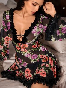 Slumberist Gaun Tidur Jala Bermotif Patchwork Renda Leher V Dalam, Gaun Seksi dengan Hiasan Renda yang Indah - Red Violet - View 5
