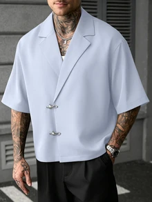 SLATEMANN 男士純色休閒百搭日常穿著襯衫 - 淺藍色 - 查看 1