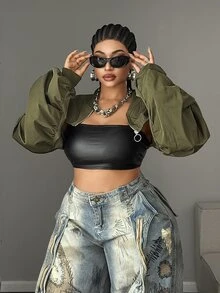 Maweii Plus Size Green Streetwear Cropped Jacket Fall - Green - View 4
