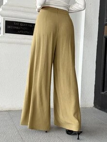 Pariaura Elegant Linen-Like Mid-Waist Draped Skin-Friendly Commuter Style Regular Long Pants - Khaki - View 2