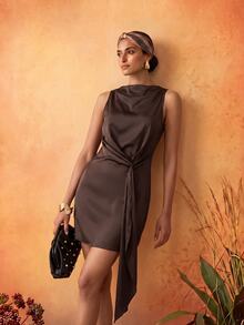 Zivah Women's Solid Color Waist Knot Elegant Sleeveless Short Dress - Brown - View 3