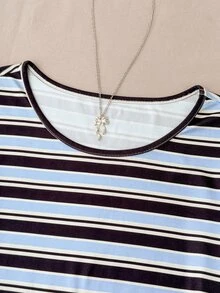 SHEIN 青少年女孩條紋休閒日常長袖T恤 - 棕色 - 查看 3