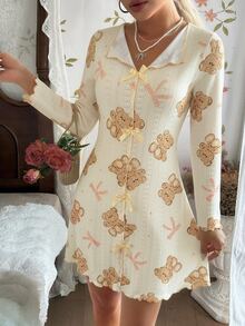 CottageSlumber Cartoon All-Over Print Bear Nightgown, Collared Bow Frill Trim Long Sleeve Loungewear Maxi Dress - Beige - View 7