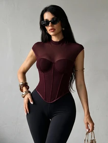 SHEIN SXY Burgundy Sexy Mesh Cup Sheer Top Club Night Out Party Summer - Red Violet - View 3