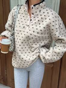 DAZY Cream White Polka Dot Lamb Fleece Round Neck Button Half-Placket Loose Long Sleeve Casual Sweatshirt - Grey - View 4
