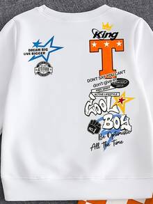 1套幼童美式運動休閒套裝，背面字母星星皇冠組合印花，圓領長袖標準肩寬衛衣 + 橘色與白色棋盤格收口運動長褲 2件套，男童休閒運動套裝，復古塗鴉拼色設計，適合日常上學、戶外玩耍、街頭拍照，春/秋季幼童男童個性上衣與長褲套裝 - 彩色 - 查看 5