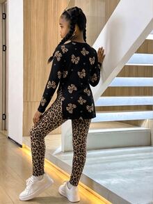 Tween Girls Loose Long Tween Girl Sleeve Side Slit Fitted Leggings 2 Pieces Set With Cartoon Pattern Schoo - White - View 2