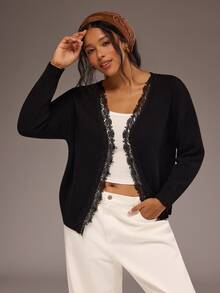 Freevana Women Reversible Lace V Neck Button Down Long Sleeve Knit Cardigan Sweater Front To Back Tops - Black - View 3