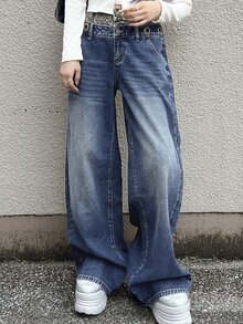 FRIFUL 女款寬腿鬆垮休閒百搭牛仔褲，附口袋 - 藍色 - 查看 1
