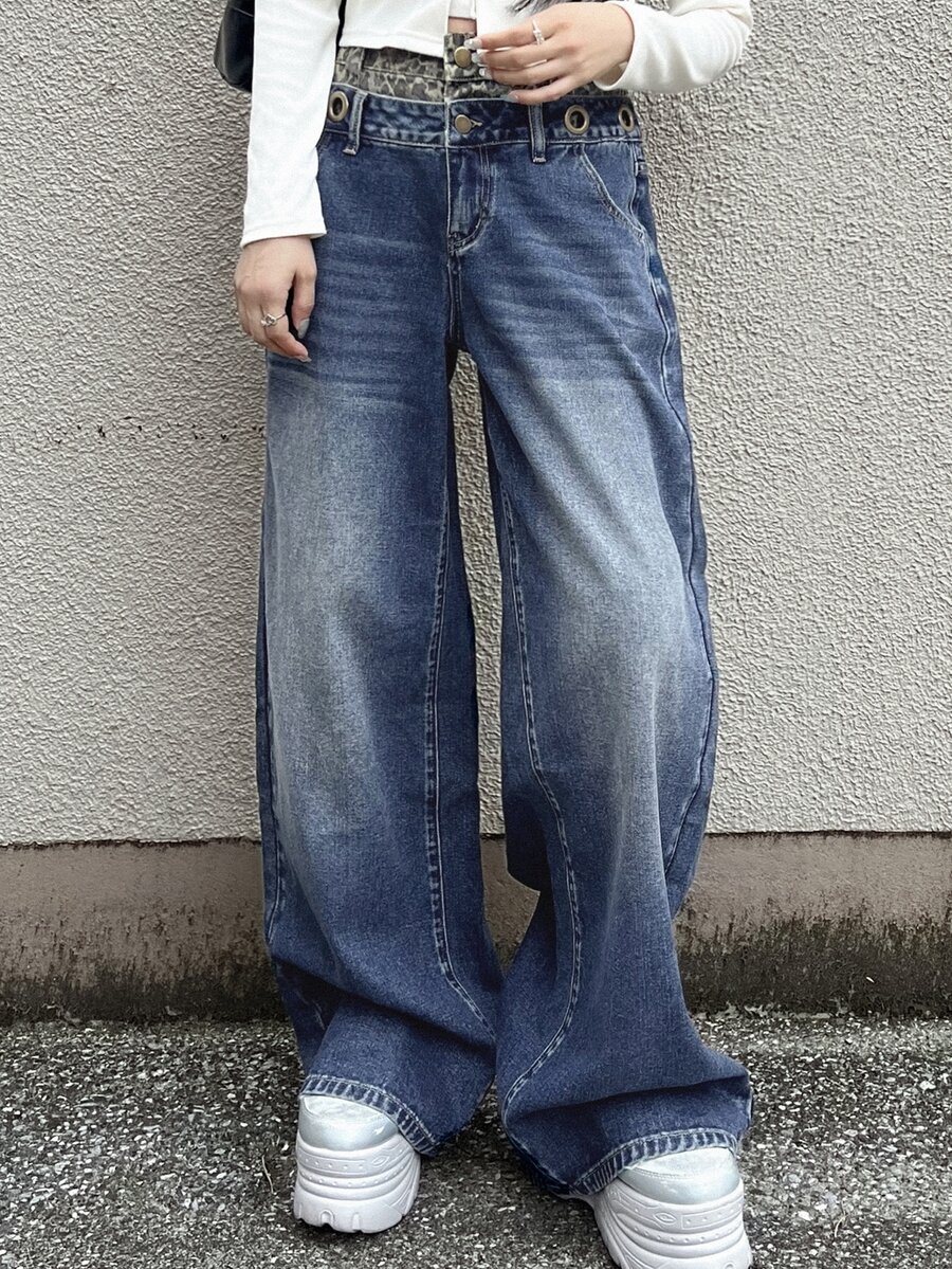 FRIFUL 女款寬腿鬆垮休閒百搭牛仔褲,附口袋 - 藍色 - 查看 1