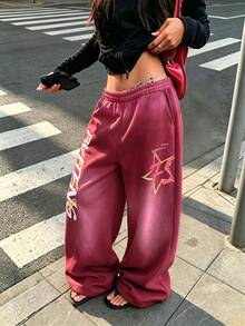 SuriyaCove Women's Letter Print Elastic Waist Gradient Loose Wide Leg Sweatpants - Multicolor - View 3
