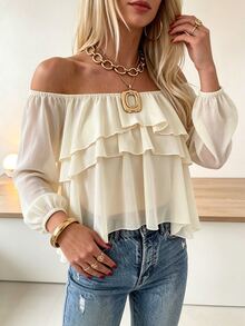 Cévolie French Style Ruffle Off-Shoulder Top - Apricot - View 3