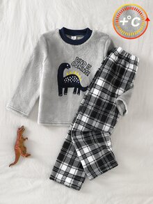 Boys Gray Plush Plaid Long Sleeve Pants Casual Comfortable 2 Pieces Loungewear Set - Light Grey - View 2
