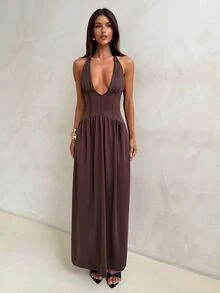 Aloruh Coffee Brown Party Ball Halter Neck Tie Deep V-Neck Boning Seam Waist Cinched Ruched Extra Long Dress For Women - Coffee Brown - View 4