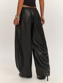 SHEIN BAE Pantalones largos plisados de cuero negro versátiles de moda para mujer otoño/invierno, atuendo de moda vintage, ropa de calle diaria, ropa de oficina para ir al trabajo, atuendo para fiesta en discoteca, atuendo para festival de música, atuendo para volver a la escuela - Negro - Ver 2