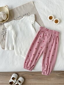 SHEIN Vintaside Kids 3件組女嬰連身衣褲套裝，可愛甜美白色粉色蝴蝶結荷葉邊愛心羅紋長袖圓領秋季套頭公主生日派對髮箍 - 粉色 - 查看 2