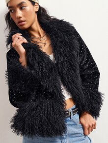 Bohemela Women's Polka Dot Fashion Versatile Winter Plush Patchwork Cardigan - Black - View 7